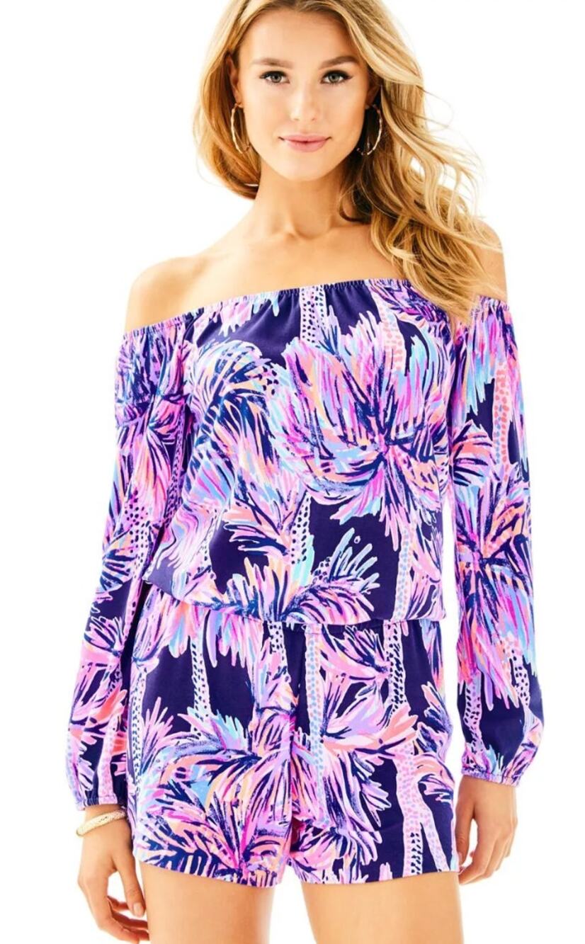 LILLY PULITZER Lana Off The Shoulder Romper In Bright Navy Palms Up